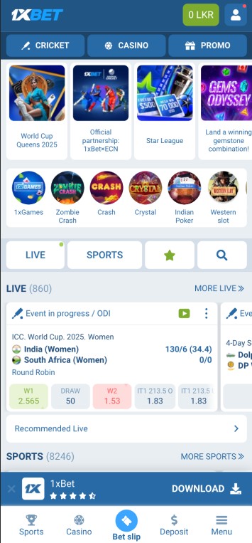 1xbet main page screen