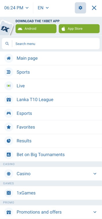 1xbet menu screen