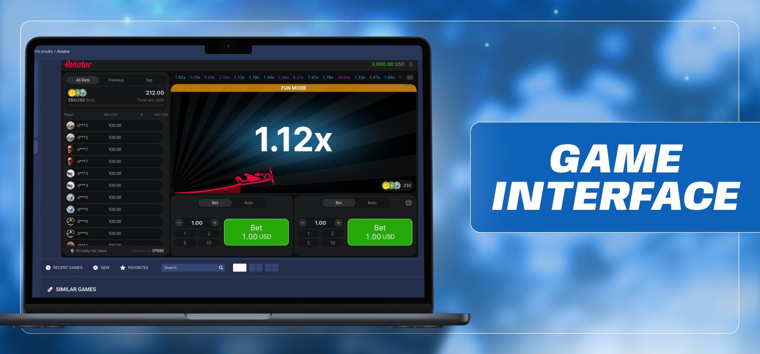 interface of popular game aviator